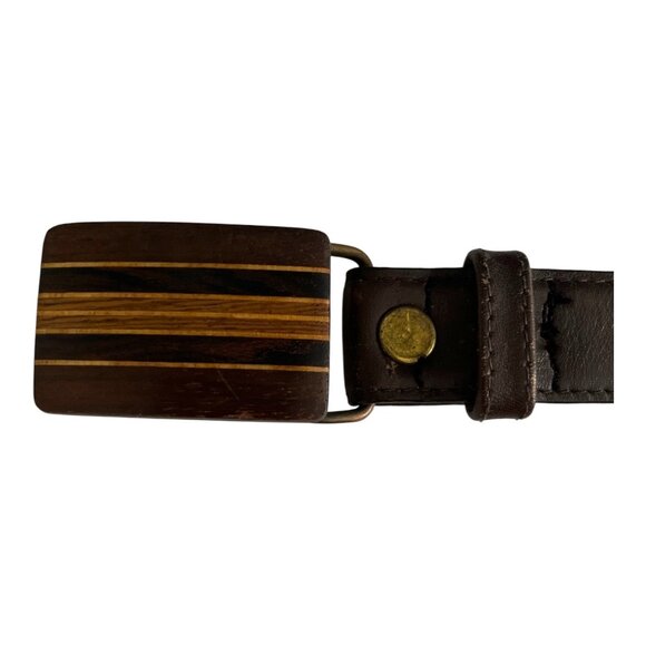 Vtg Brown Leather Belt with Wood Inlay Buckle – Size 40/100 – Imported Cowhide, - Picture 6 of 6